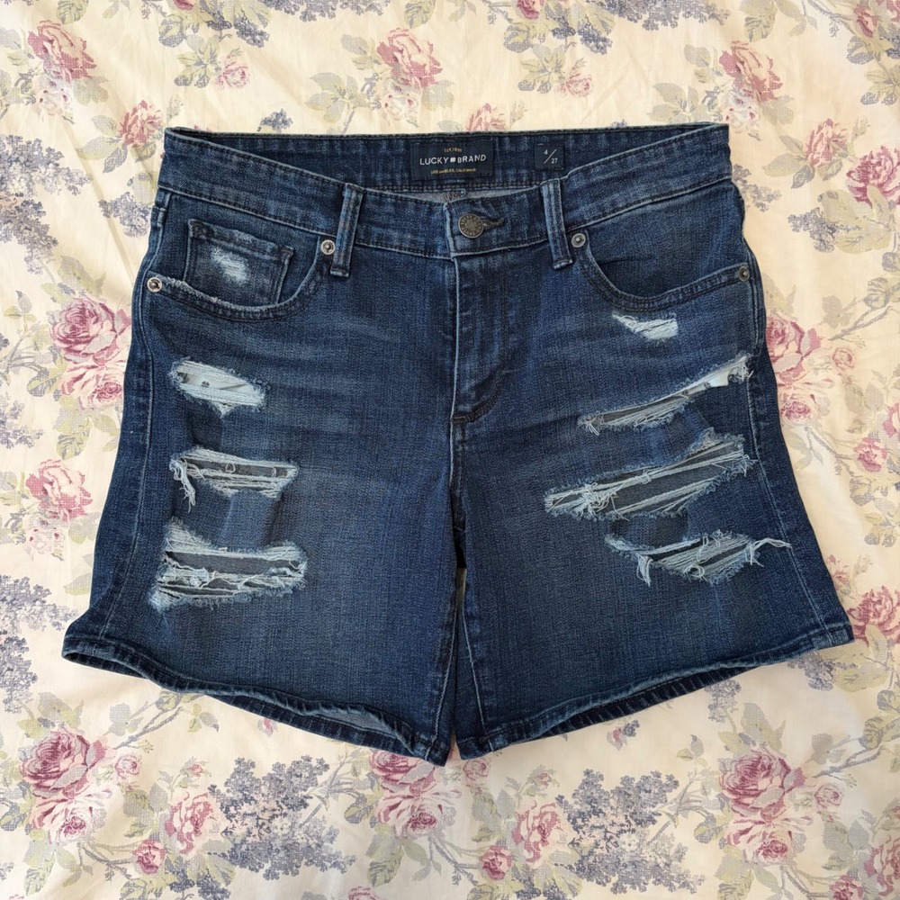 Lucky Brand The Roll Up Distressed Denim Shorts Dark Wash Blue Womens 4 27